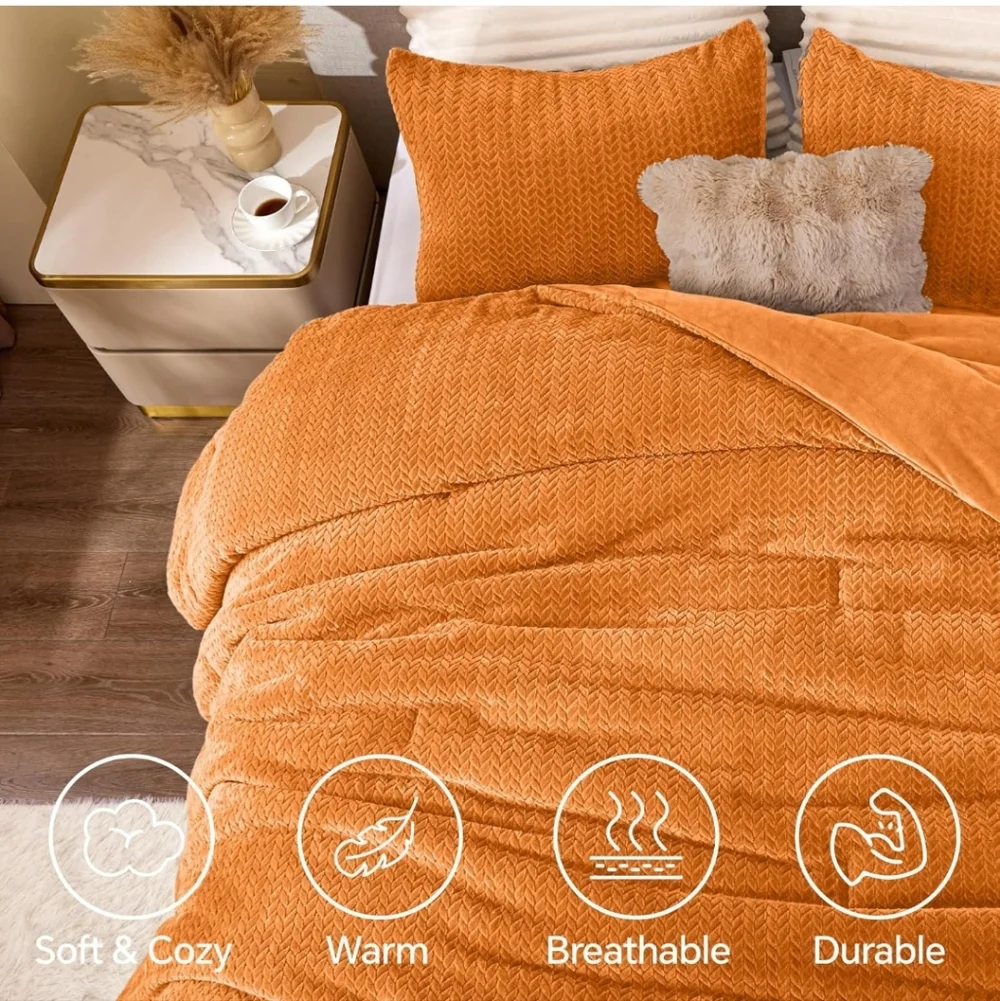 Flannel Fleece Comforter King Set - Furry Burnt Orange Leaves Pattern Faux Fur